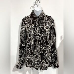 Lindi‎ Women’s Ruffle Front Brown and Tan Button Down Blouse Size Medium